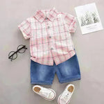 Children's Striped Shirt Denim Shorts Two-piece Set