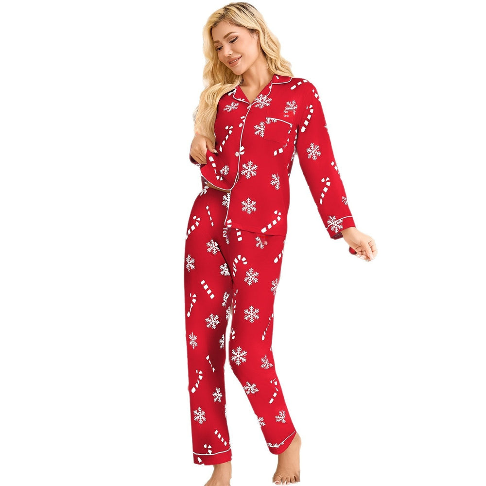 Holiday Pajamas Women's Lapel Cardigan Long Sleeve Pants Suit Women's EX-STOCK Canada 