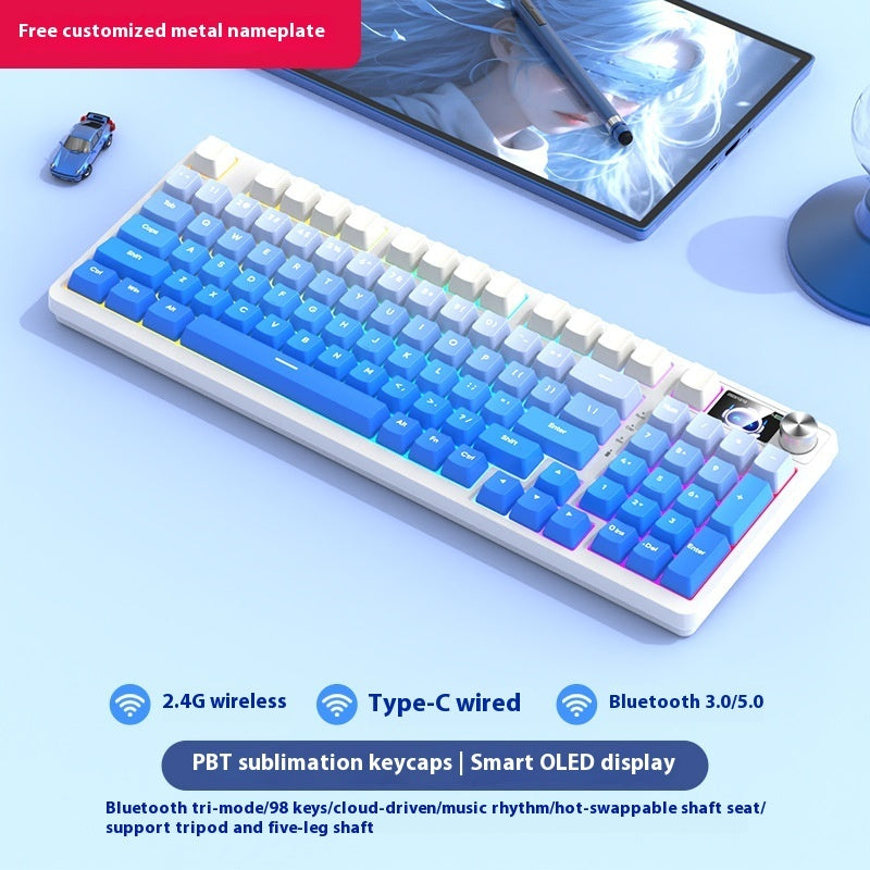 Mechanical keyboard with blue and white keys on a light blue surface, featuring text about connectivity options.