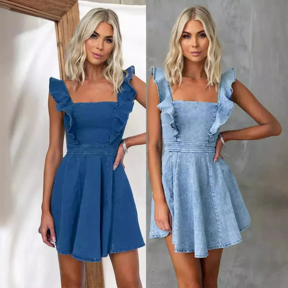 Women's Fashion Casual Denim Mini flared Dress - EX-STOCK CANADA
