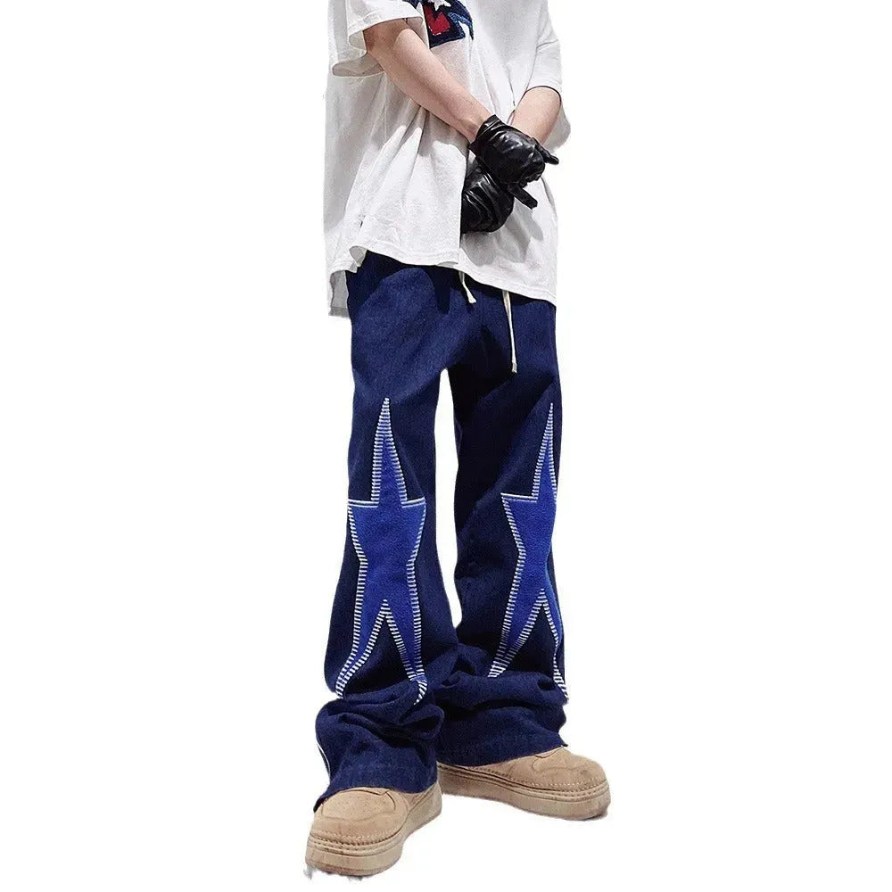 Five-pointed Star Embroidery Denim Horn Loose Straight Casual All-match Mop Jeans Baggy Trousers Men - EX-STOCK CANADA