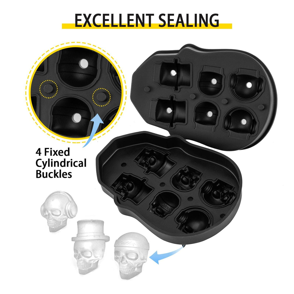 Skull Ice Cube Tray, 6-Grid Skull Ice Ball Maker, Flexible Black Silicone Ice Tray With Lid & Funnel, Skull Ice Cubes In 3 Distinct Patterns For Beverages & Chocolates On Parties & Holidays EX-STOCK