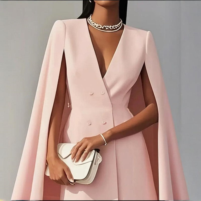 Women's Elegant Solid Color V Neck Double-Breasted Cape Blazer Dress Spring & Summer Party Banquet Outfit EX-STOCK