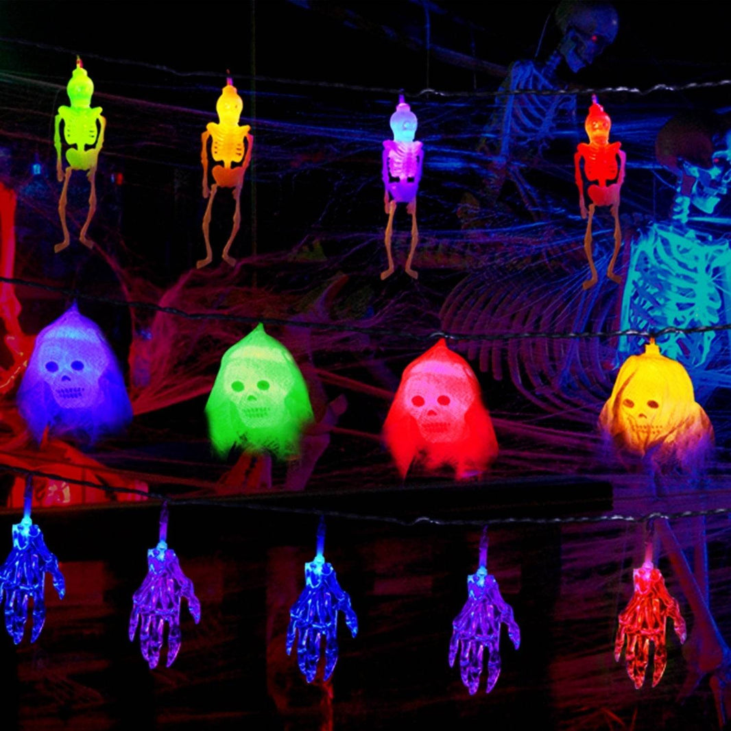 Set Of 3Pcs Halloween Light Decorations Total 50 LEDs 24ft Halloween String Lights Colorful 3D Skeleton Ghost String Lights Gauze Skull String Lights Spooky Hands String Lights For Indoor Outdoor Part EX-STOCK