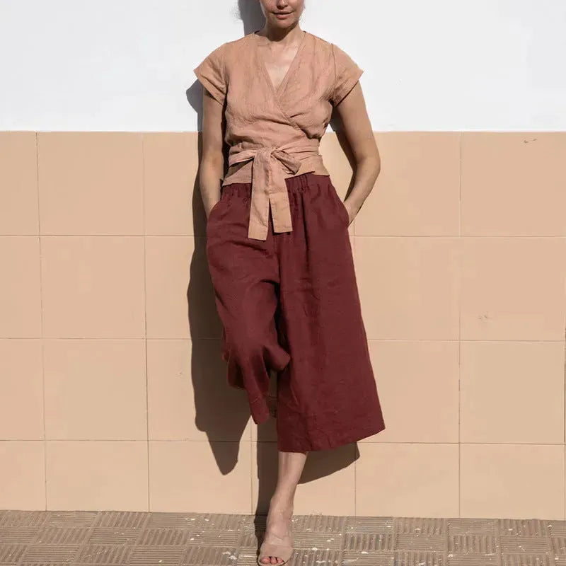 Casual Summer Lace-up Cotton Linen V-neck Top Short-sleeved blouse top women - EX-STOCK CANADA
