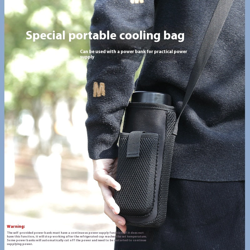 Person holding a black cooling bag with text about its use and features.