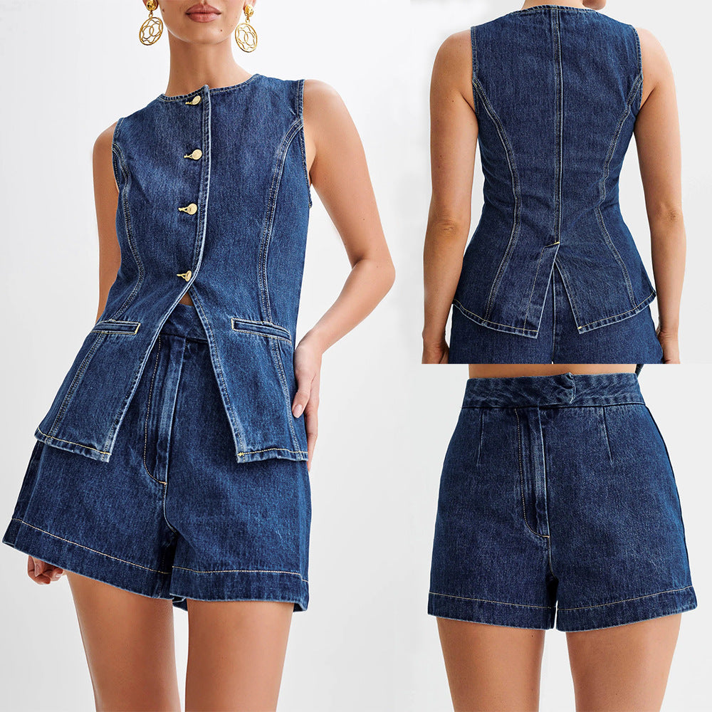 Denim Fashion Casual Sleeveless Women's Suit 