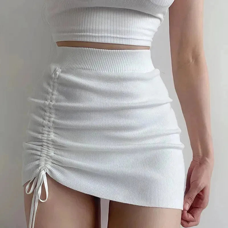 Hot Girl Hip Skirt Design High Waist With Straps Stretch Knitted Women's Mini Drawstring Split Skirt - EX-STOCK CANADA