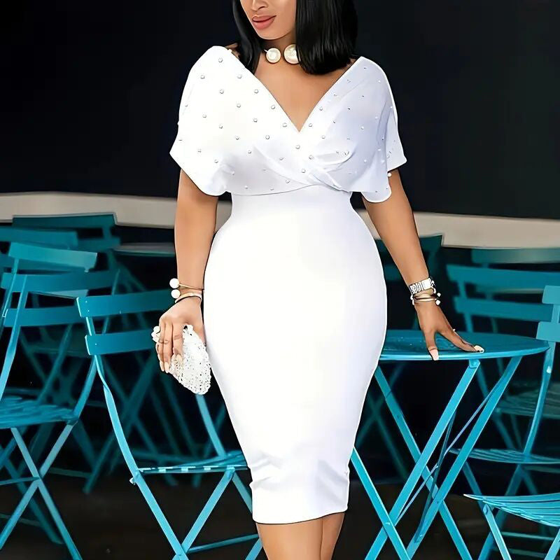 Women's Back Zipper dress Elegant Deep V Neck Wrap Bodycon Dress Pencil Midi Dress EX-STOCK