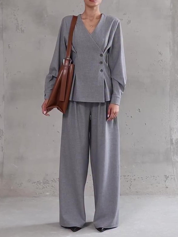 Women's Light Gray Blazer & Wide-Leg Pants Set – Asymmetric V-Neck | XS–2XL