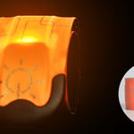 Orange reflective safety vest with a close-up inset on a dark background