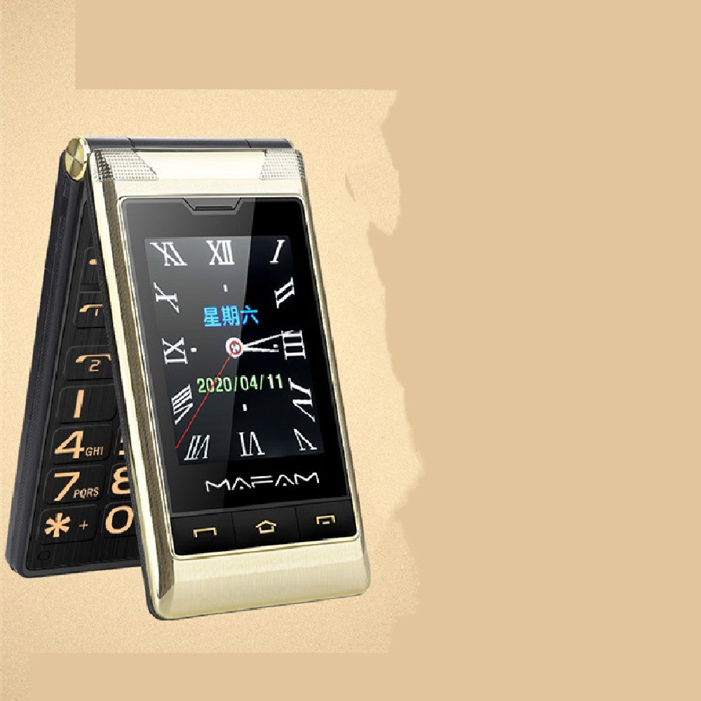 Flip phone with clock display on a beige background