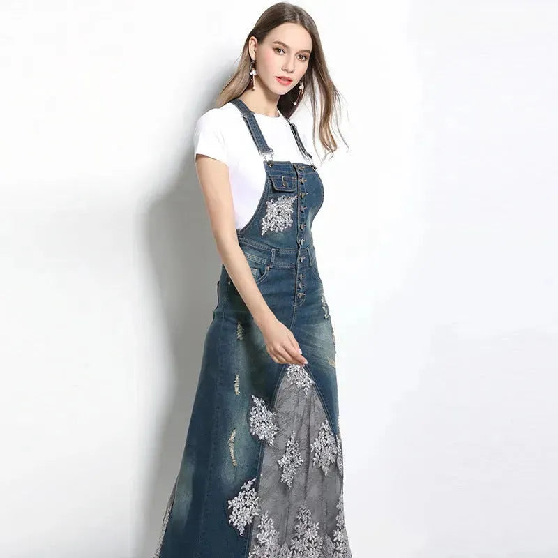 Embroidered Lace Denim Midi Jumper Dress European and American Style - EX-STOCK CANADA