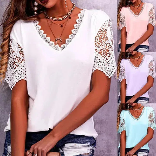 Summer Lace Tops Loose V Neck Short Sleeve Casual top - EX-STOCK CANADA
