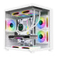 A white custom desktop PC tower with a transparent side panel, showcasing a white liquid CPU cooler, white motherboard, a GeForce RTX graphics card, and multiple RGB-lit fans and heatsinks.