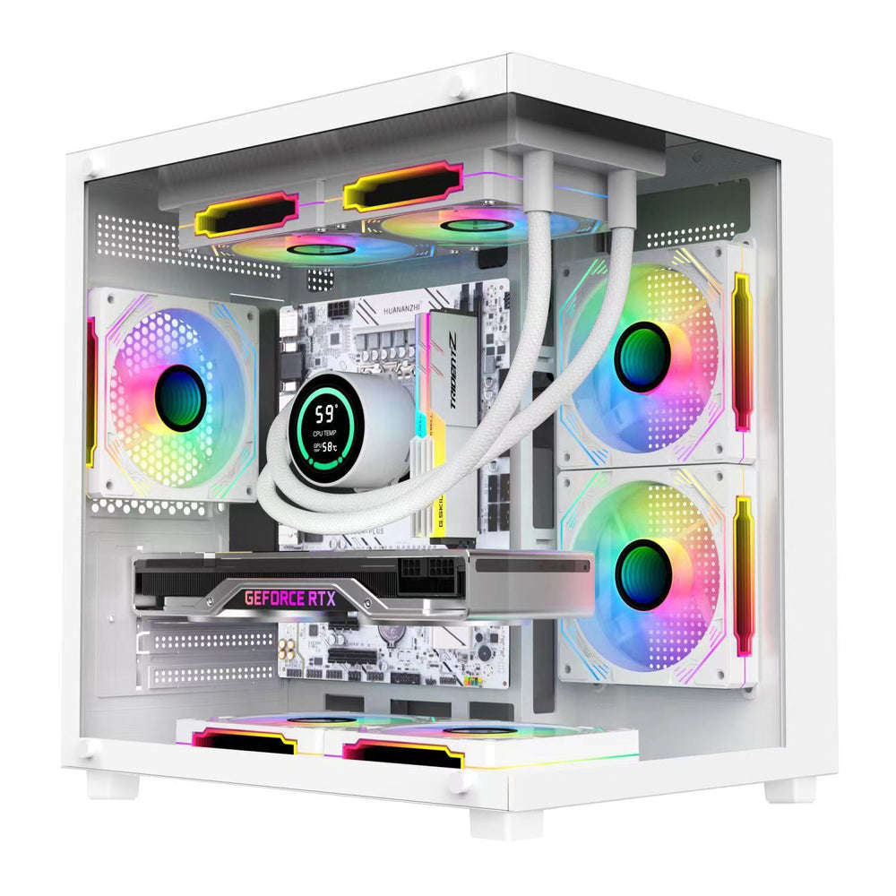 A white custom desktop PC tower with a transparent side panel, showcasing a white liquid CPU cooler, white motherboard, a GeForce RTX graphics card, and multiple RGB-lit fans and heatsinks.
