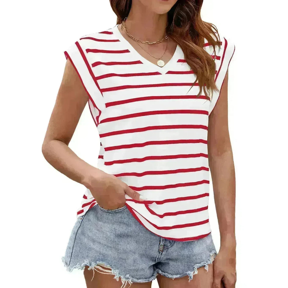 Fashion Stripe Print V-neck Short-sleeved T-Shirt Summer Loose Casual top for Women - EX-STOCK CANADA