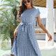 Casual Spring Summer Tie belt Pleated Floral Midi Dress - EX-STOCK CANADA