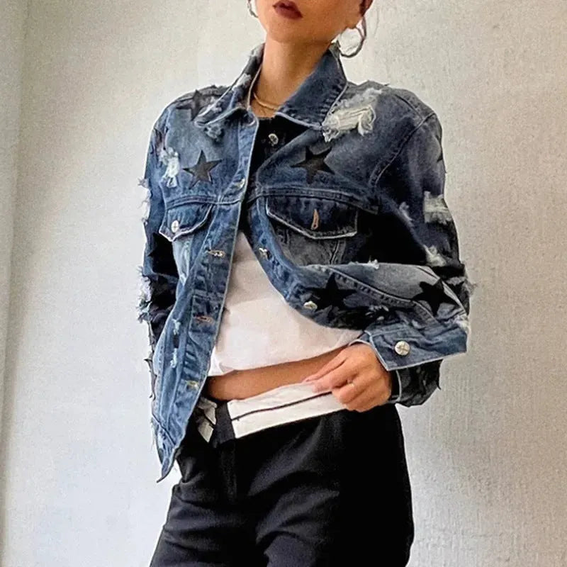 Lapel Star Patch Shredded Single Breasted Denim Jacket For Women