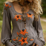 Grass And Flower Embroidered Linen Shirt EX-STOCK Canada 