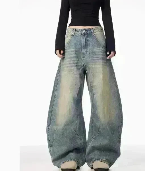 American Retro Washed Distressed Loose Wide-leg Baggy Jeans Pant For Women - EX-STOCK CANADA