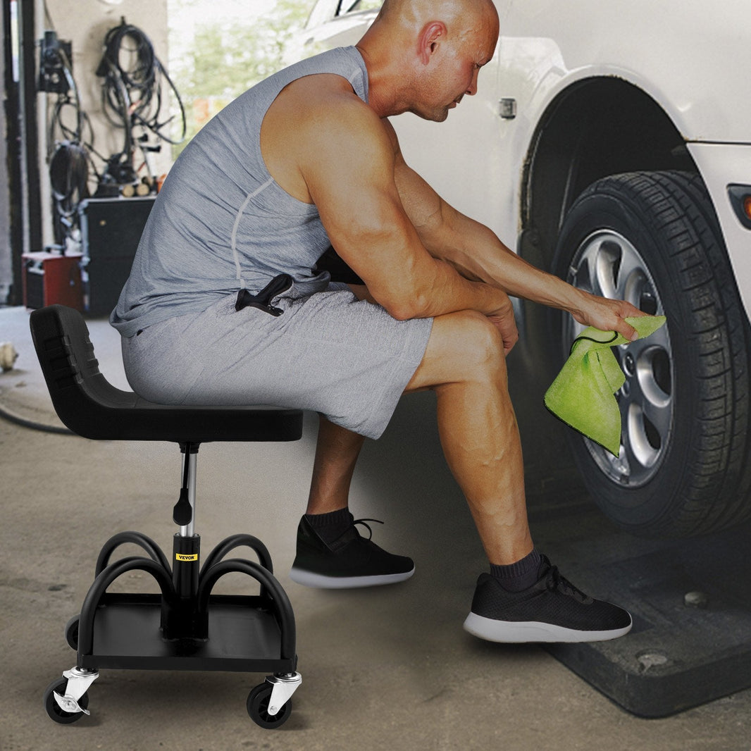 Rolling Garage Stool, 300LBS Capacity, Adjustable Height From 15.7 In To 20.5 In, Mechanic Seat With 360-degree Swivel Wheels And Tool Tray, For Workshop, Auto Repair Shop, Black EX-STOCK