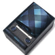 Blue checkered tie set with cufflinks and a tie clip in a black box on a white background