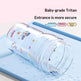 Clear tumbler with cartoon designs on a light blue background, featuring text about baby-grade Tritan material.
