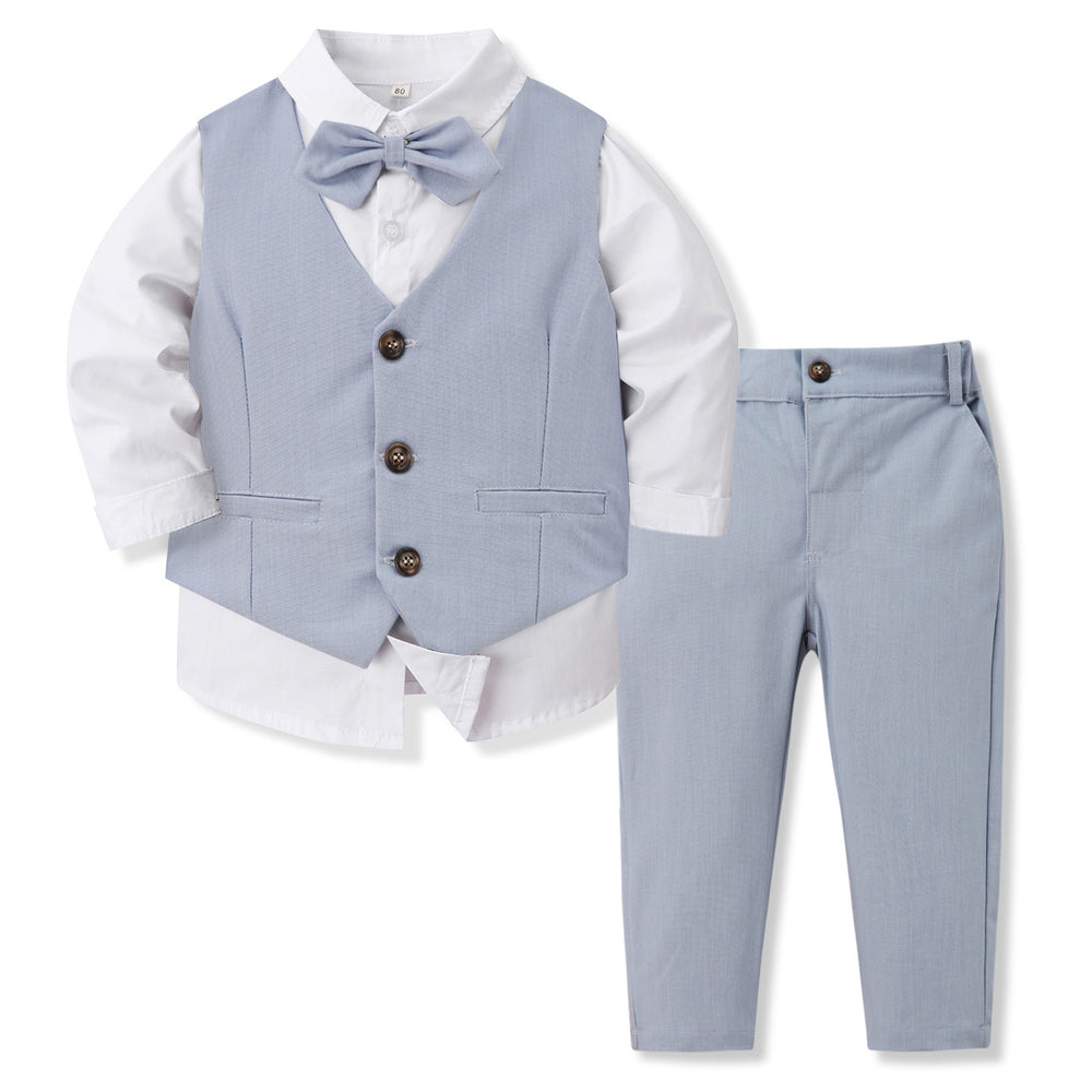 Children's formal outfit with light blue vest, shirt, and pants on a white background