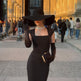 Women's Black Square Neck Midi Wrap Dress with Opera Gloves – Elegant Slim Fit