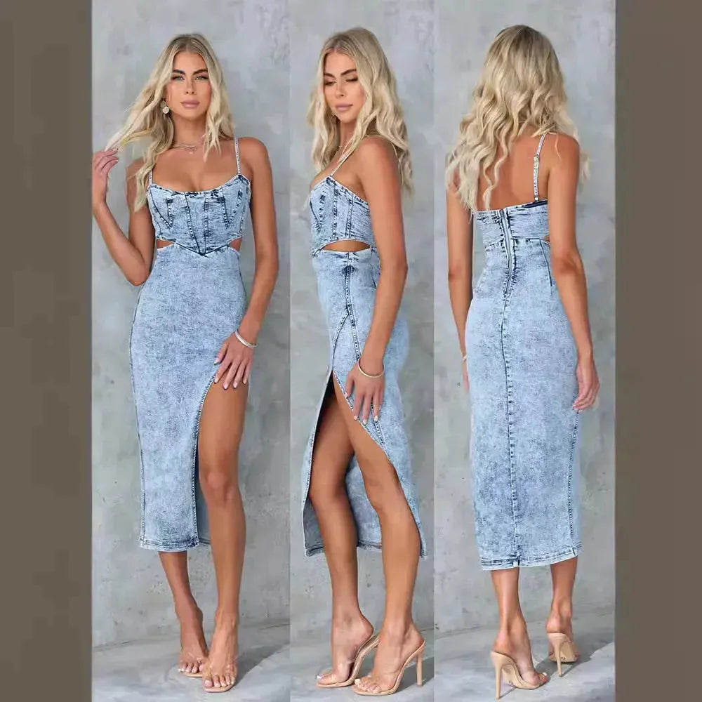 Women's Fashion Personalized Sleeveless Sling Denim Split Midi fitted Dress - EX-STOCK CANADA