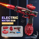 Red electric water gun with flame effect on a dark background