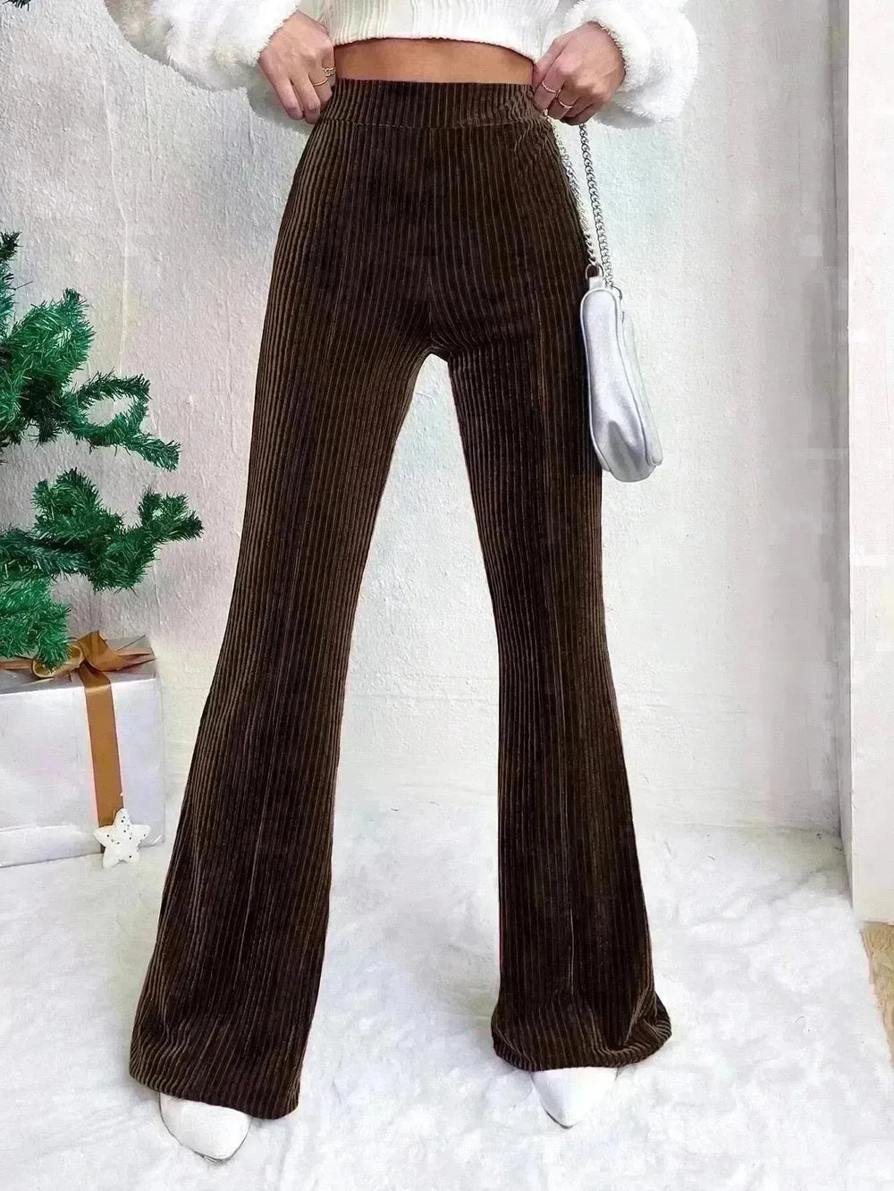 High Waist Lamp Wick Corduroy Bell-bottom Pants Wide Leg Women - EX-STOCK CANADA