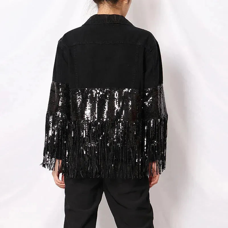 Lapel Pocket Heavy Industry Sequins Tassel  Loose Ripped Denim Jacket Women