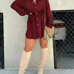 Elegant Women's Long Sleeve  Button down Shirt Dress  Fashionable Short Outfit Set Two piece Suit  Set - EX-STOCK CANADA