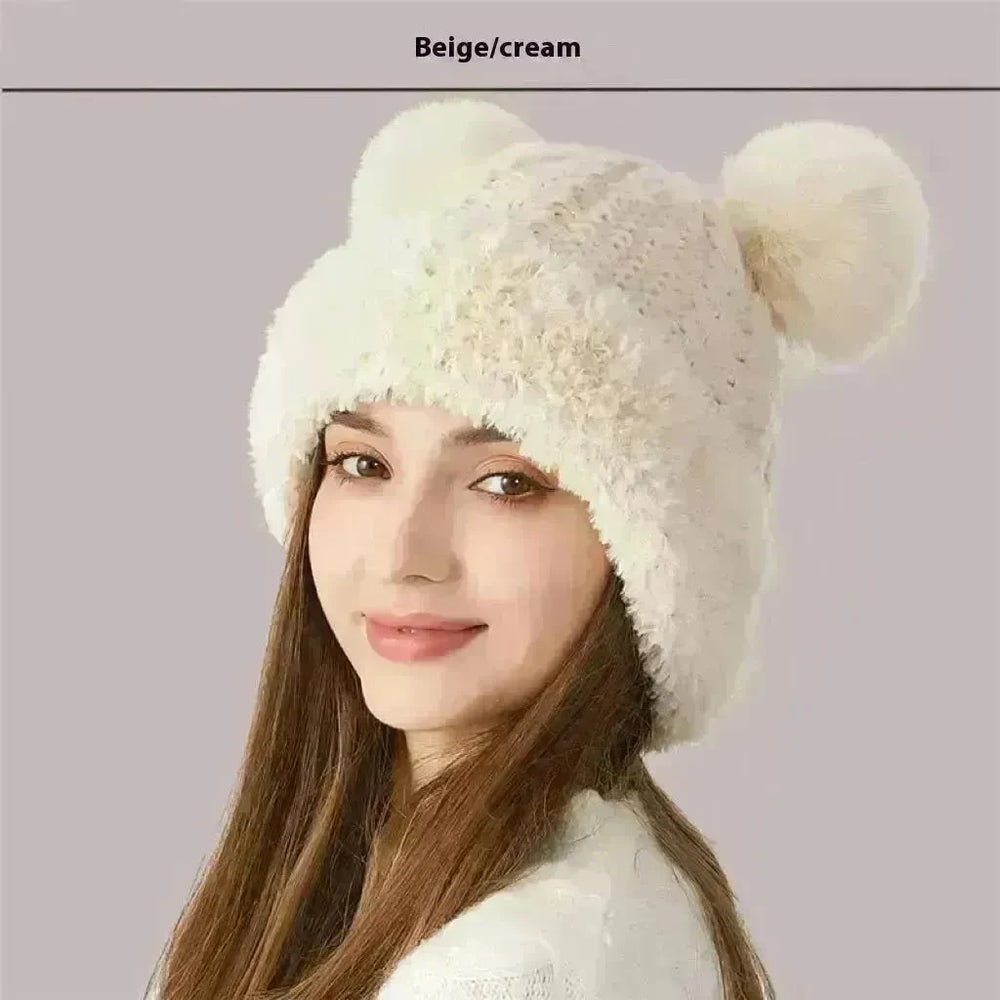 Women Winter Cute Fur Ball Knitted Beanie Hat Outdoor - EX-STOCK CANADA
