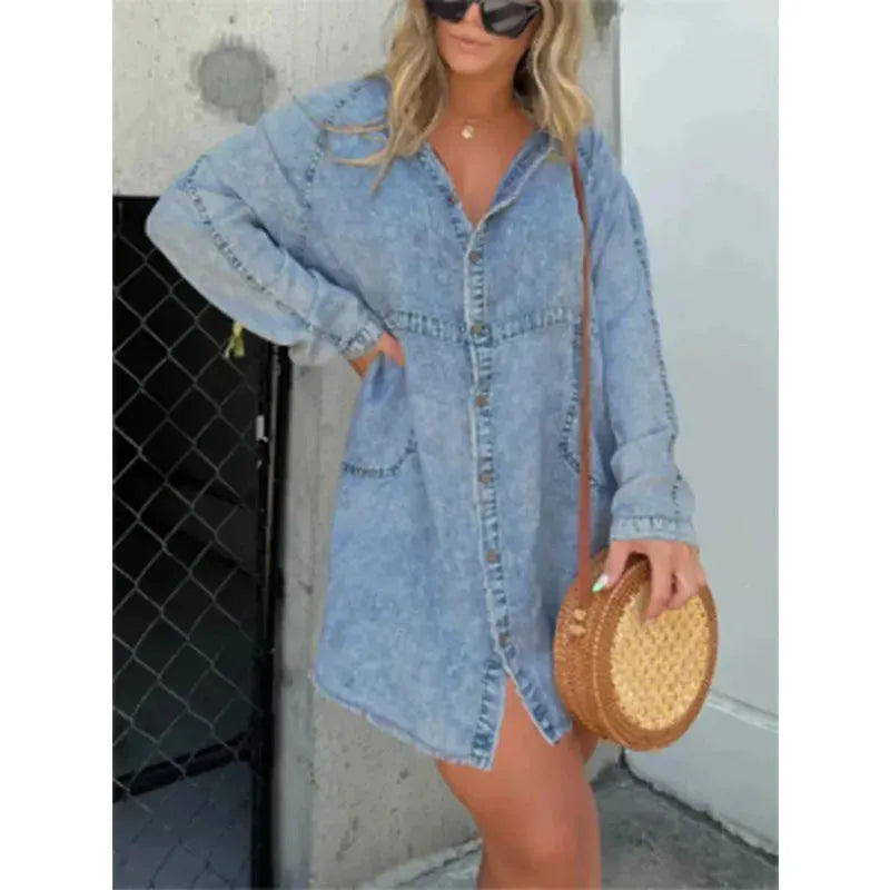 Women's Denim Washed Loose Shirt Dress - EX-STOCK CANADA