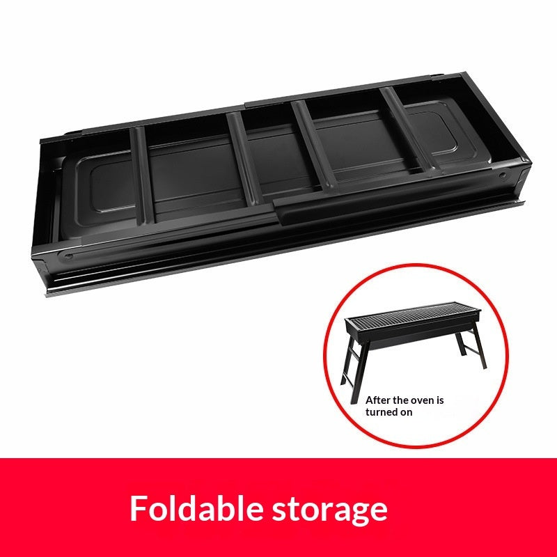 Black foldable storage tray with an inset showing its use after opening an oven.