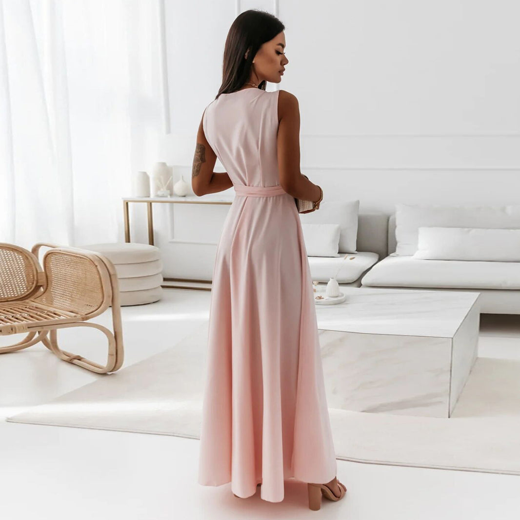 Robe sans manches en V avec ceinture Summer Fashion Party Club Evening Maxi Robes For Women Clothing