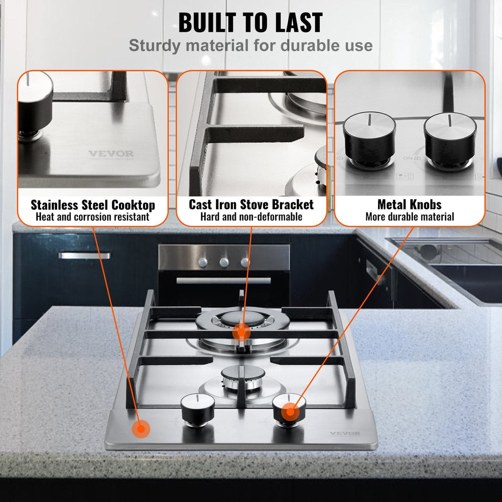 Gas Cooktop 12 Inch, Max 12250BTU 2 Burners Built-in Stainless Steel Gas Stove Top, LPG NG Convertible Dual Fuel Natural Gas Hob With Thermocouple Protection EX-STOCK