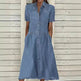 Women's European And American Lapel Casual loose button down Midi Denim jeans Mum Dress - EX-STOCK CANADA