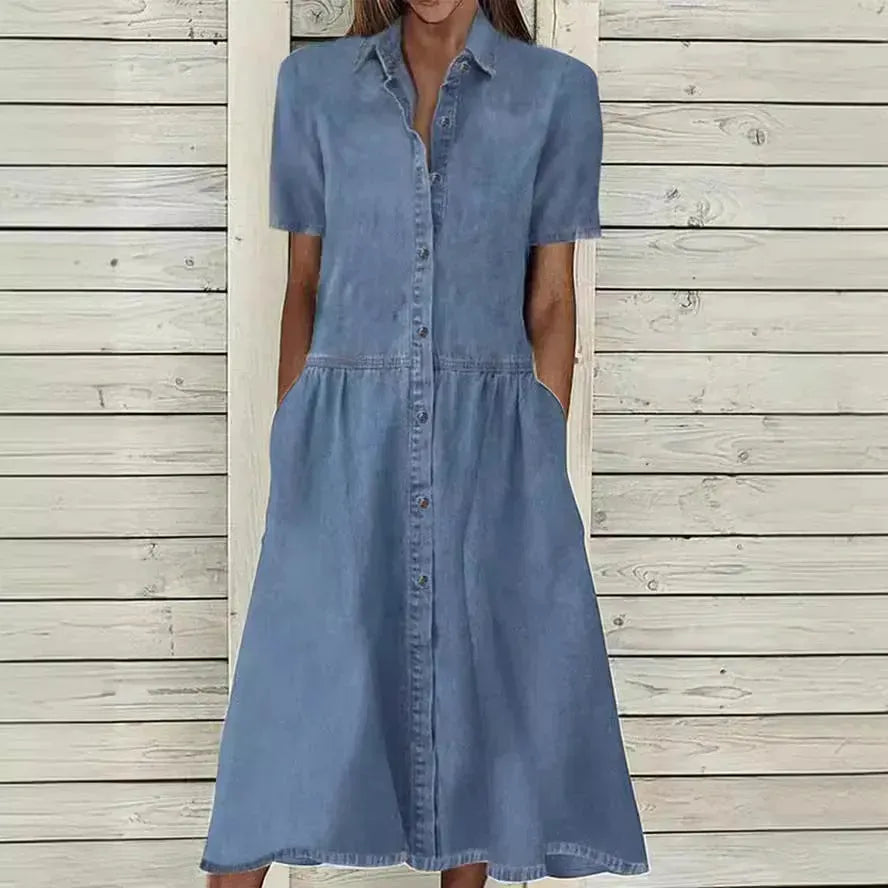 Women's European And American Lapel Casual loose button down Midi Denim jeans Mum Dress - EX-STOCK CANADA
