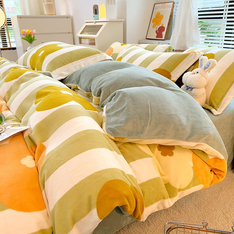 Nordic Striped Coral Fleece Duvet Cover Flannel Sheet Cover Three-piece Set EX-STOCK Canada 