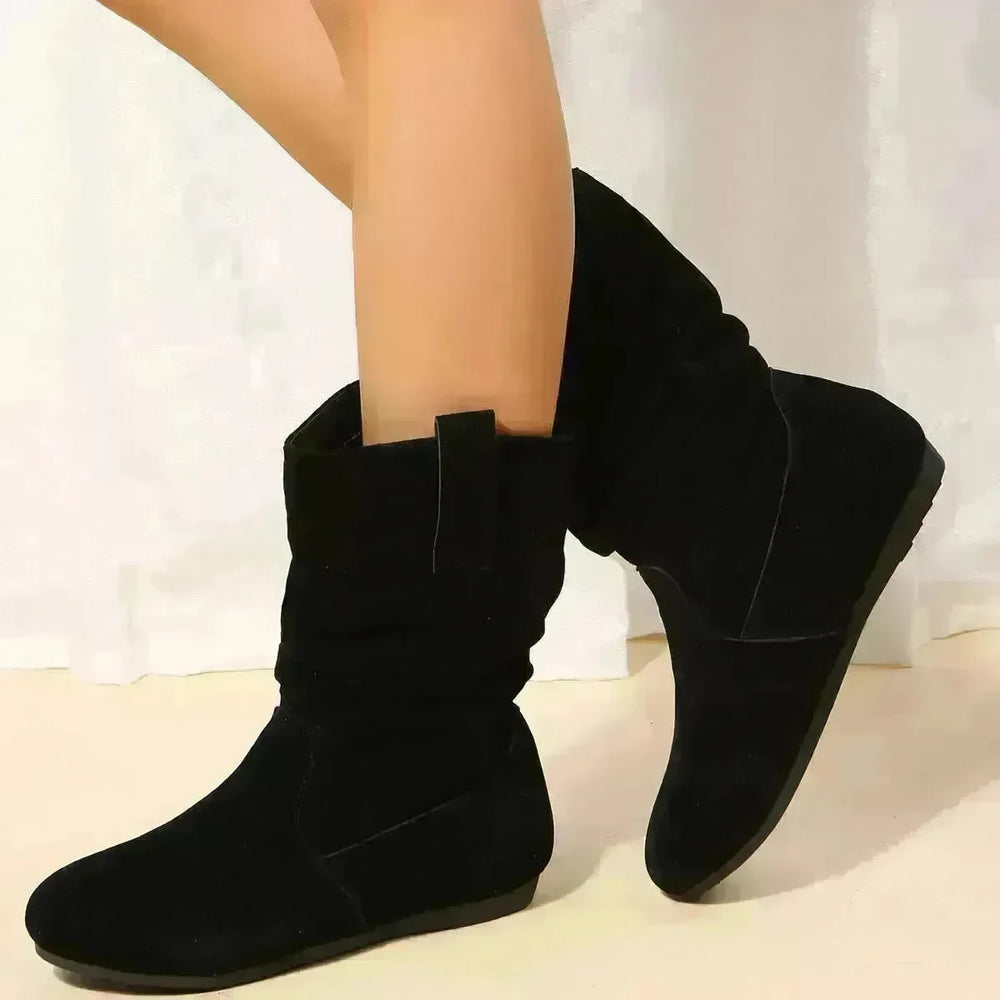 Round Toe Flat Boots Fashion Solid Color Suede Mid-calf Boot Winter Warm Shoes For Women - EX-STOCK CANADA