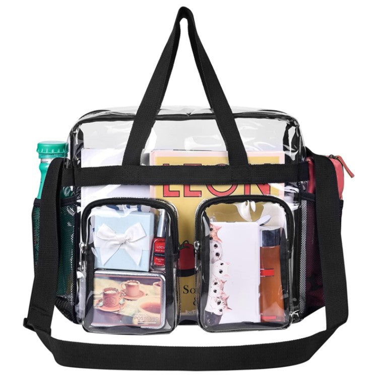 Clear bag with black straps containing various items on a white background