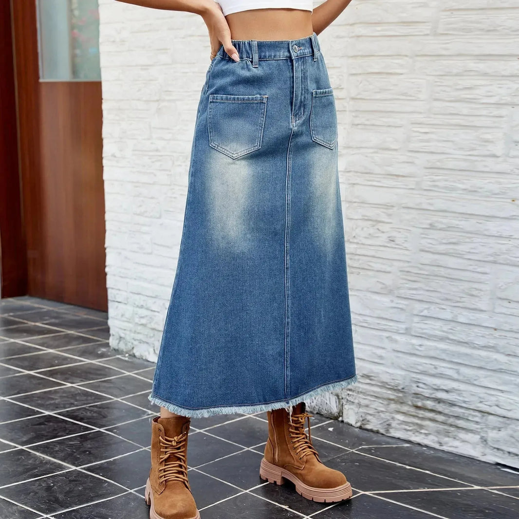 European And American Washed Frayed Hem Blue Denim Midi Skirt - EX-STOCK CANADA