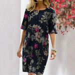 Vintage Dress Women Summer Floral Leaf Print Slit Round Neck Half Sleeve Dresses - EX-STOCK CANADA