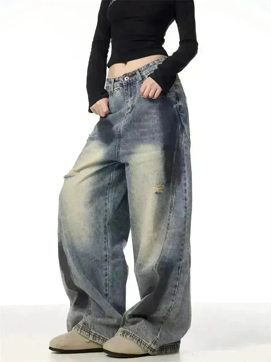 Splash Ink Ripped Machete Baggy Jeans Pant For Women Loose-fitting Wide-leg Trousers - EX-STOCK CANADA