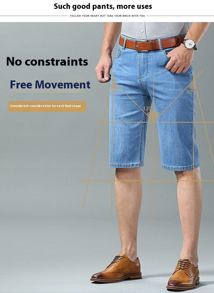 A man wearing light blue denim shorts with a brown belt and brown leather dress shoes, shown from the waist down on a light gray studio background with measurement guide lines and promotional text.