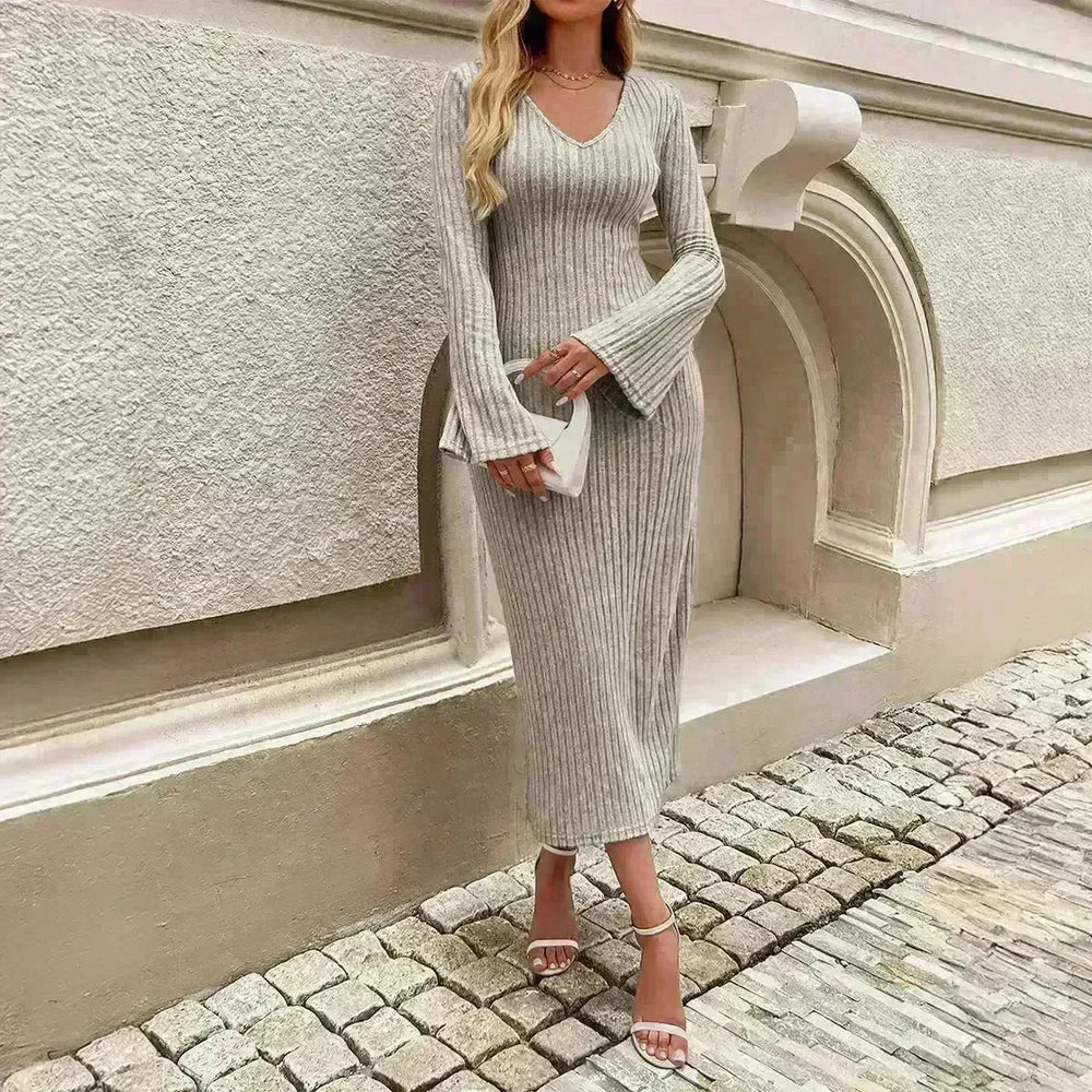 Cashmere V-neck Long bell sleeve Slim fit Midi Winter Sweater Dress - EX-STOCK CANADA